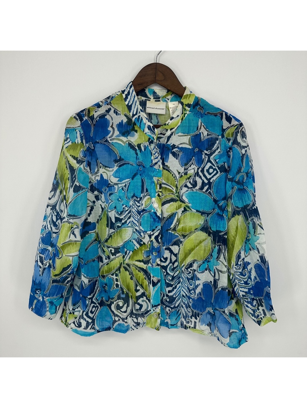Alfred Dunner Blue Green Floral 3/4 Sleeve Button Front Blouse Size 14